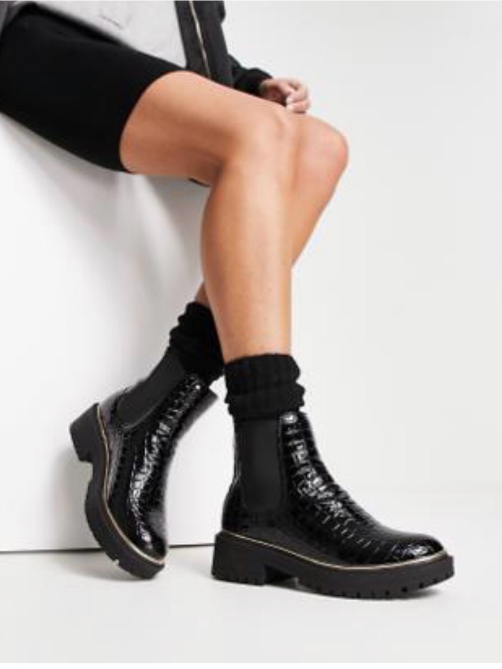 Black Croc-Embossed Chelsea Boots - Women's